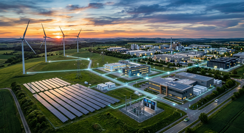 Ein Industriepark mit Windkraftanlagen, Solarmodulen und Gebäuden, die durch leuchtend blaue Linien vor dem Hintergrund eines Sonnenuntergangshimmels miteinander verbunden sind.